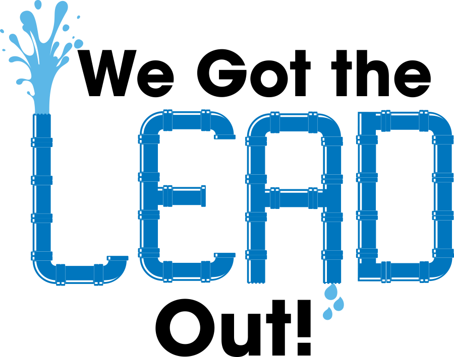 logo that says we got the lead out and the word lead is made in blue water pipes with water spraying out of the L