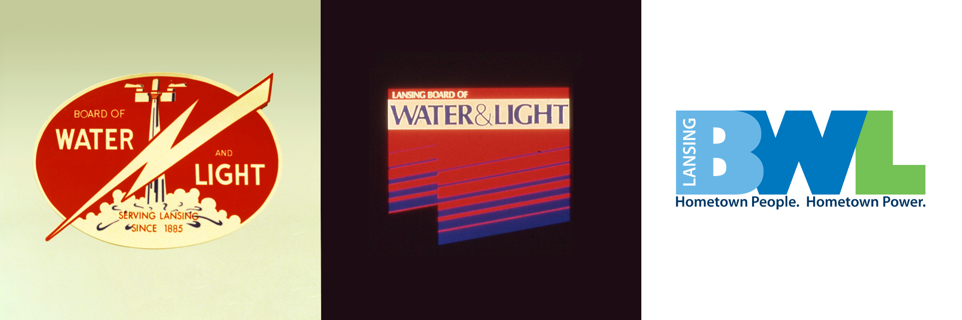 three BWL logos in a horizontal line, the one on the left is red with a lightnight bold, the one in the middle is red and the one on the right is our current logo with the letter B-W-L in blue and green