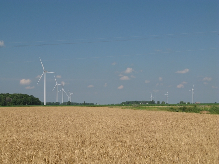 Wind mills producing wind energy at Gratiot Farms.